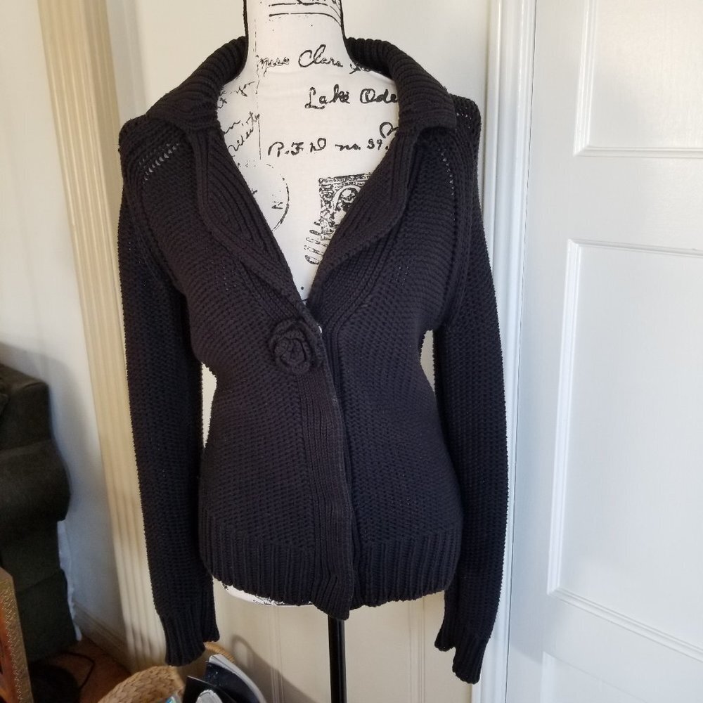 Madison Lilly Black Knit Cardigan w/Rose